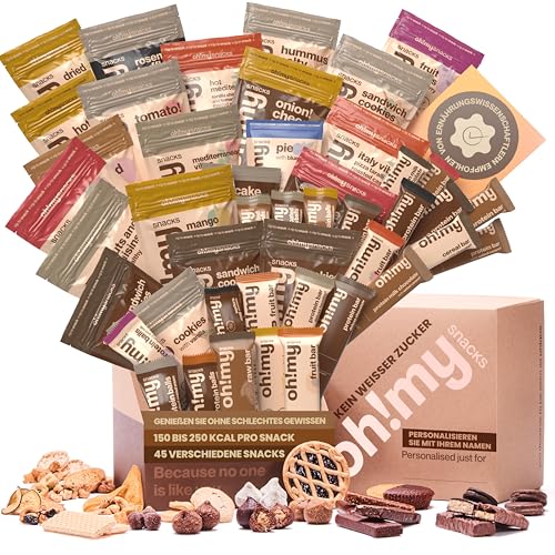 Oh!mysnacks Box Ohne Weißzucker – Geschenkkorb mit gesunden Snacks für Erwachsene | Snacks ohne Weißzucker | Proteinreiche Snacks mit hohem Ballaststoffgehalt | Gesunde Snackriegel (45 Snacks) von Oh My Snacks