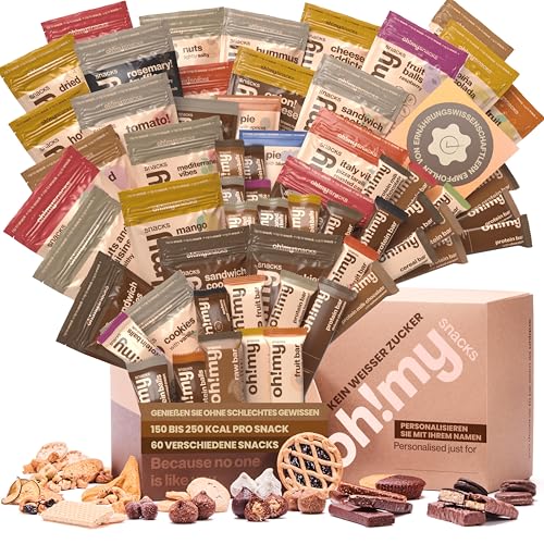 Oh!mysnacks Box Ohne Weißzucker – Geschenkkorb mit gesunden Snacks für Erwachsene | Snacks ohne Weißzucker | Proteinreiche Snacks mit hohem Ballaststoffgehalt | Gesunde Snackriegel (60 Snacks) von Oh My Snacks