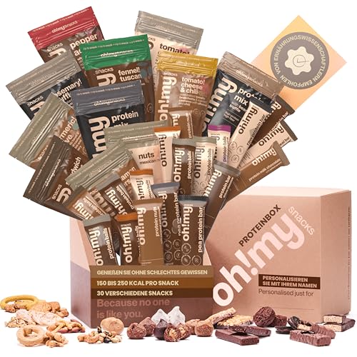 Oh!mysnacks Protein-Geschenkkorb - Snack-Geschenkbox mit proteinreichen, kalorienarmen Snacks | Gesunde Snacks für Erwachsene | Auswahl an Protein-Snacks in einem luxuriösen Geschenkkorb (30 Snacks) von Oh My Snacks