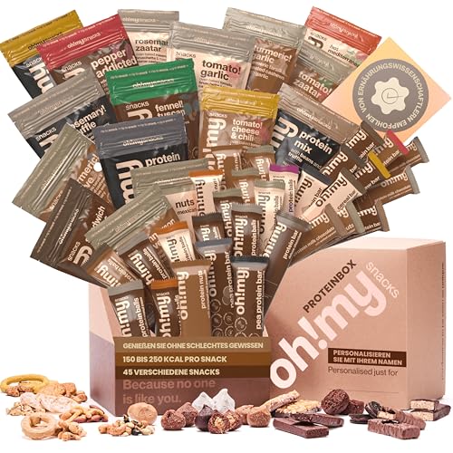 Oh!mysnacks Protein-Geschenkkorb - Snack-Geschenkbox mit proteinreichen, kalorienarmen Snacks | Gesunde Snacks für Erwachsene | Auswahl an Protein-Snacks in einem luxuriösen Geschenkkorb (45 Snacks) von Oh My Snacks