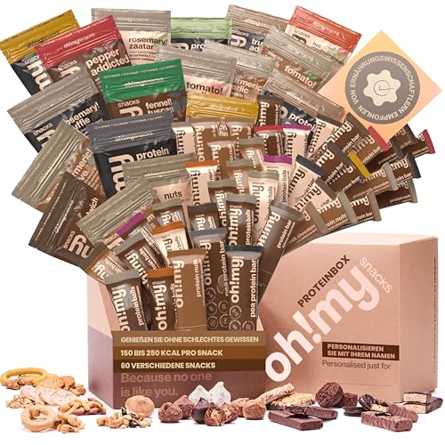 Oh!mysnacks Protein-Geschenkkorb - Snack-Geschenkbox mit proteinreichen, kalorienarmen Snacks | Gesunde Snacks für Erwachsene | Auswahl an Protein-Snacks in einem luxuriösen Geschenkkorb (60 Snacks) von Oh My Snacks