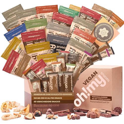 Oh!mysnacks Vegane Geschenkbox - Gesunde Snacks und Vegane Süßigkeiten | Geschenkbox mit fettarmen Snacks | Vegane Lebensmittelbox mit kalorienarmen Snacks | Gesunde Snacks für Erwachsene (45 Snacks) von Oh My Snacks