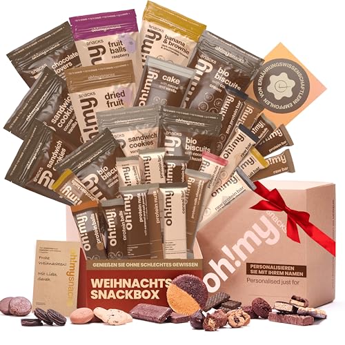 Oh!mysnacks Weihnachtskorb - Personalisierter Geschenkkorb mit gesunden Snacks | Snackkorb für Erwachsene mit Proteinriegeln, Keksen und anderen kalorienarmen Süßigkeiten (30 Snacks) von Oh My Snacks