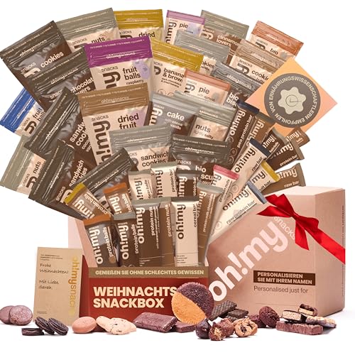 Oh!mysnacks Weihnachtskorb - Personalisierter Geschenkkorb mit gesunden Snacks | Snackkorb für Erwachsene mit Proteinriegeln, Keksen und anderen kalorienarmen Süßigkeiten (45 Snacks) von Oh My Snacks