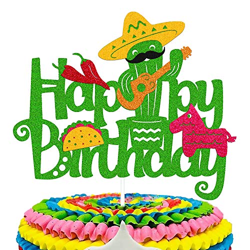 Fiesta Tortenaufsatz Mexikanischer Kaktus Esel Maraca Sombrero Gitarre Taco Pfeffer Thema Happy Birthday Kuchen Dekoration Handgefertigt Grün Glitzer Geburtstag Party Dekor von Ohiviaaa