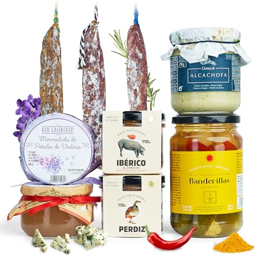 Spanisches Feinkost-Delikatessen-Set: Fuet, Pasteten, Marmeladen, Artischockencreme, scharfen Banderillas. Eine Geschenkidee für Gourmets und Liebhaber der spanischen Küche. von OleVale