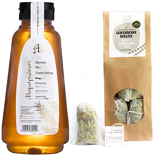 Kretischer Thymian Honig - Hochwertiger Premium Honig aus Kreta | Traditionelle Imkerei Maragkakis | Griechischer Bio Bergtee von Delinio - Sideritis Scardica | 10 Teebeutel, 500g Thymianhonig von Oligri