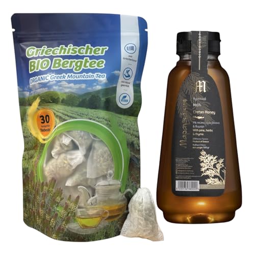 Oligri Bio Bergtee & Honig Set | 30 Teebeutel Sideritis Scardica + 500 ml Kreta Honig in Quetschflasche | Premium Qualität aus Griechenland von Oligri