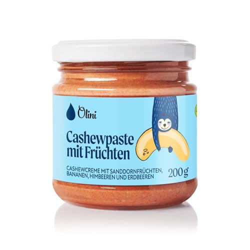 Olini Cashewpaste mit Banane, Himbeere, Erdbeere und Sanddornfrucht 200 g 100% Natürlicher, Cremiger Brotaufstrich für Kinder, ohne Salz, ohne Zuckerzusatz, ohne Palmöl, Veganerfreundlicher Snack von Olini