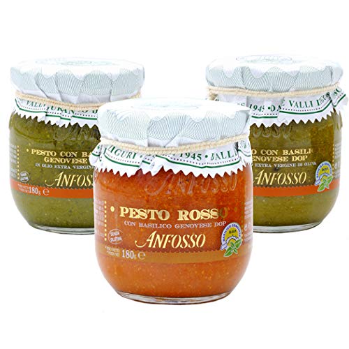 Trio von Pesto mit Basilikum Genovese DOP: Klassisches, Ohne Knoblauch, Rotes 180 gr x 3 von Olio Anfosso