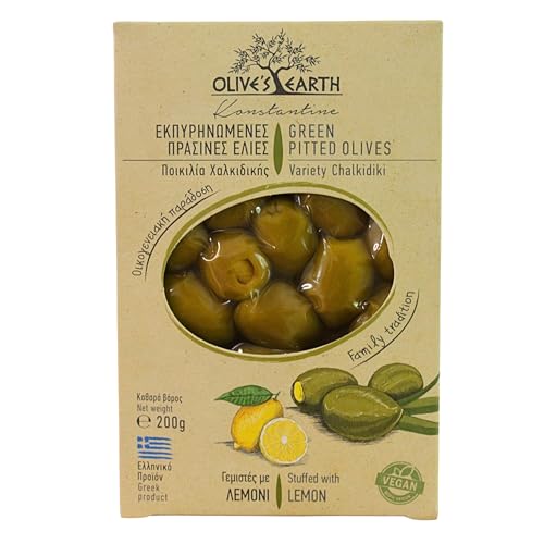 Olive's Earth Griechische Grüne Chalkidiki Oliven ohne Stein gefüllt mit Zitrone 4er Pack x 200g (Total: 800g) von Olive's Earth