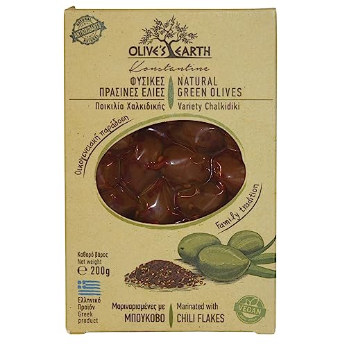 Olive's Earth Griechische Grüne Oliven mit Stein aus Chalkidiki mariniert mit Chiliflocken, 4er Pack x 200 g (Total: 800g) von Olive's Earth