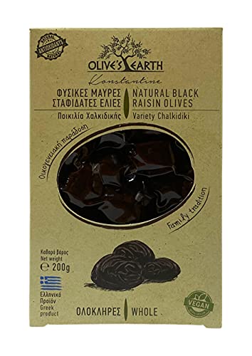 Olive's Earth Griechische Schwarze Oliven "Rosinen" der Sorte Chalkidiki, 4 x 200 g (Total: 800g) von Olive's Earth