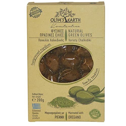 Olive's Earth griechische natürliche grüne Oliven mariniert mit Oregano Chalkidiki Variety, 200 g (4 Stück - insgesamt 800 g) von Olive's Earth