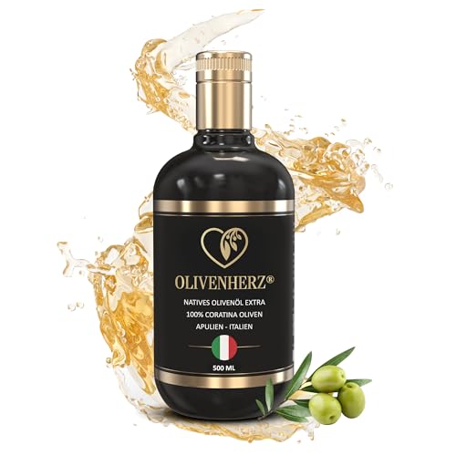 Olivenherz® | Italienisches Olivenöl aus Apulien | Natives Olivenöl Extra | Kaltgepresst | Premium Qualität | Geschenkidee | 100% Sortenrein aus Coratina Oliven | 500 ml Glasflasche von Olivenherz