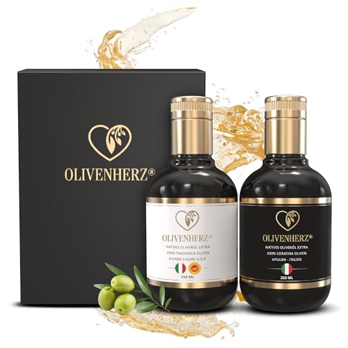 Olivenherz® | Italienisches Olivenöl aus Apulien & Ligurien | Natives Olivenöl Extra | Premium Qualität | Geschenkidee | 100% Sortenrein aus Coratina & Taggiasca Oliven | 2 x 250 ml Glasflaschen von Olivenherz