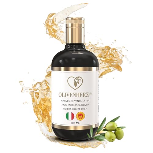 Olivenherz® | Italienisches Olivenöl aus Ligurien | Natives Olivenöl Extra | Kaltgepresst | Premium Qualität | Geschenkidee | 100% Sortenrein aus Taggiasca Oliven | 500 ml Glasflasche von Olivenherz