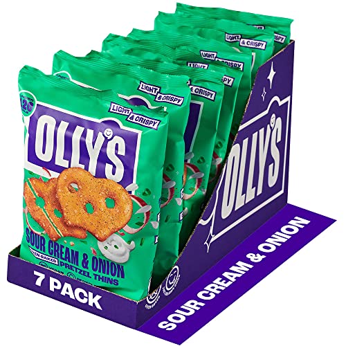 Olly's Pretzel Thins, Sauer-Creme, 140 g (7 Stück), handliche Snack-Beutel, gesunde pflanzliche vegane Snacks zum Tauchen, kalorienarme Snacks, fettarm, ballaststoffarm, ohne Konservierungsstoffe von Olly's Olives