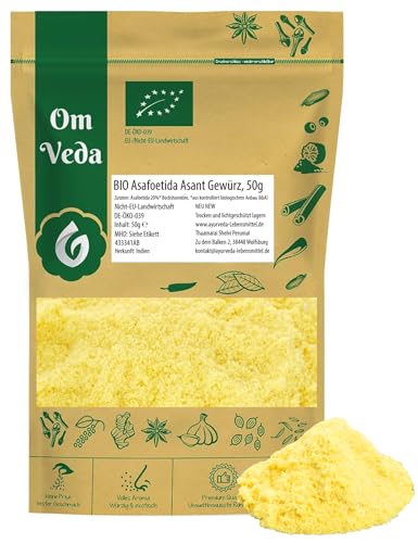 BIO Asafoetida Asant Gewürz 50g | Premium-Qualität | Intensives Aroma | Ayurvedisches Gewürz | Perfekter Knoblauchersatz | Teufelsdreck Stinkasant | Fein Gemahlen | OmVeda von OmVeda