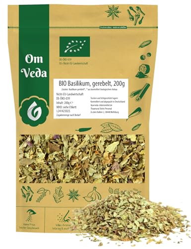 BIO Basilikum getrocknet und gerebelt 200g | Intensives Aroma | Dried Crushed Basil | Bio-Qualität | Perfekt für die gehobene Küche | OmVeda von OmVeda