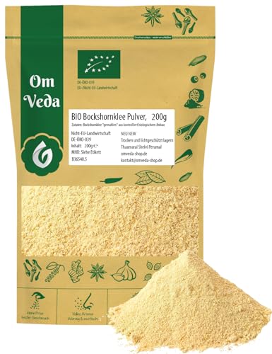 BIO Bockshornklee gemahlen 200g | Fein gemahlenes Bockshornkleesaatpulver ohne Zusätze | Organic Fenugreek Seeds Powder | Ideal für Tee oder als Gewürz | OmVeda von OmVeda