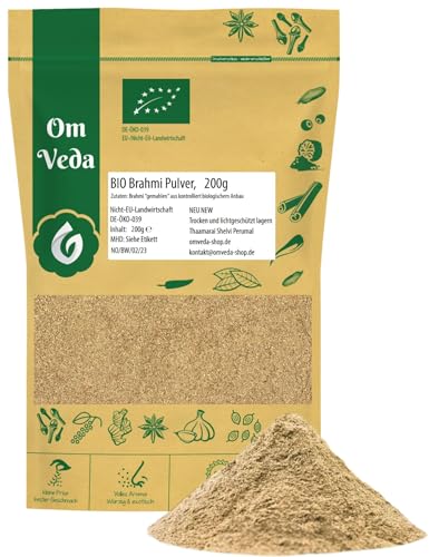 BIO Brahmi Pulver | fein vermahlen und schonend verarbeitet | Hochwertiges Bacopa Monnieri | Premium Qualität Brahmi Powder | für Smoothies, Müsli & Getränke | OmVeda (200g) von OmVeda