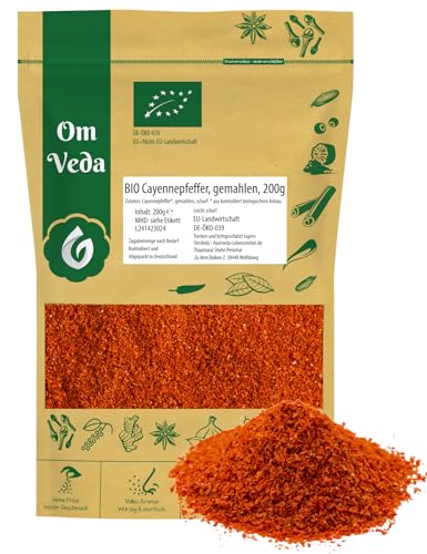 BIO Cayennepfeffer gemahlen 200g | Cayenne Chili Pfeffer schonend getrocknet und gemahlen | Cayenne Pfeffer Pulver Ideal für Suppen, Saucen, Fleischgerichte | BIO-Qualität | OmVeda von OmVeda