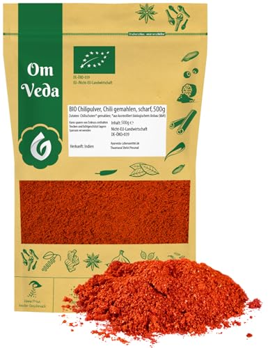 BIO Chili Pulver Fein Gemahlen SCHARF 500g | Organic Bio-Qualität DE-ÖKO-039 | Chilli Powder | OmVeda Gewürze von OmVeda