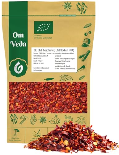 BIO Chili geschrotet mit Saat 500g | SEHR SCHARF Chiliflocken getrocknet | Chilli Chilies Chilis für Mühle | Organic Bio-Qualität DE-ÖKO-039 | Chilli Flakes | OmVeda (500g) von OmVeda