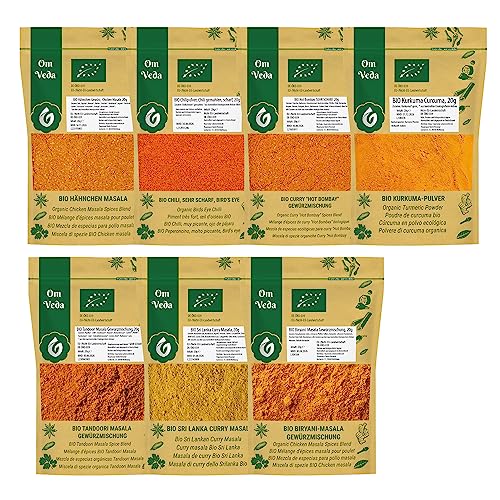 BIO Curry Masala Indische Gewürzmischungen 140g Garam Masala Curry Pulver Gewürz Currypulver 7er SET Curry Gewürze Gewürzset Geschenkset von OmVeda