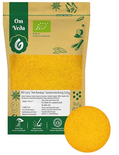 BIO Curry Pulver Hot Bombay Gewürzmischung 500g | Original Indischer Art | Curry Gewürze | Fein Gemahlen | OHNE Konservierungsstoffe | Spices Blend | OmVeda (500g) von OmVeda