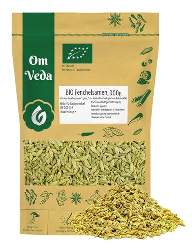 BIO Fenchelsamen 900g Fenchel Gewürz Fenchelsaat Fennel Seeds ganz | BIO-Qualität | Teegewürz Kräutertee Fencheltee | OmVeda Gewürze | Für Küche und Tee von OmVeda