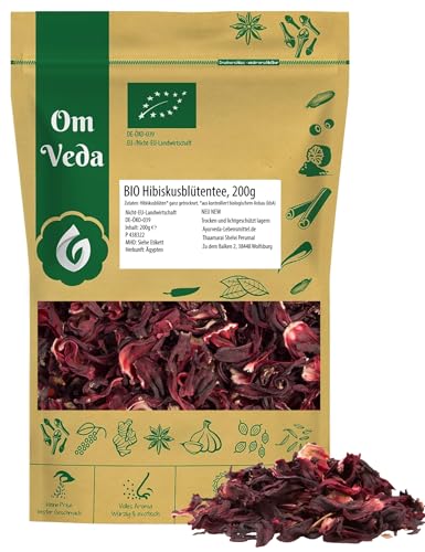 BIO Hibiskusblüten ganz getrocknet 200g - Hibiskusblütentee - Premium Qualität Hibiskustee - Ideal für Hibiskustee, Salate, Desserts und mehr - OmVeda von OmVeda