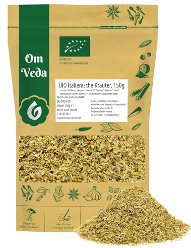 BIO Italienische Kräuter 150g | Gerebelt und Getrocknet | Mit Oregano, Rosmarin, Basilikum | Natürliches Mediterranes Universalgewürz für Pasta, Pizza, Salate und Saucen | OmVeda von OmVeda