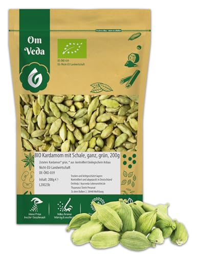 BIO Kardamom | Kardamomkapseln 200g Grüner Kardamom ganz mit Schale | Premium BIO-Qualität handverlesen | Organic Cardamom Elaichi | OmVeda von OmVeda