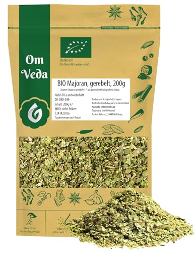 BIO Majoran getrocknet und gerebelt 200g | Intensives Aroma | Dried Crushed Marjoram | Bio-Qualität | Perfekt für die gehobene Küche | OmVeda von OmVeda