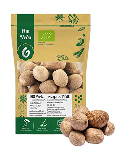 BIO Muskatnuss 15 Stück | Ganze Muskatnüsse aus Sri Lanka | Für Gewürzmühle Reibe | BIO-Qualität handverlesen | Organic Nutmeg | OmVeda von OmVeda