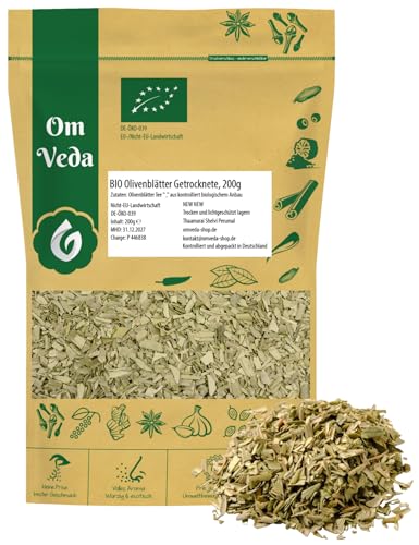 BIO Olivenblätter Tee | Olivenblättertee mit mild-herbem Geschmack | geschnitten und getrocknet | Hochwertig & Naturbelassen | Perfekt für Tee & Gewürzmischungen | OmVeda (200g) von OmVeda