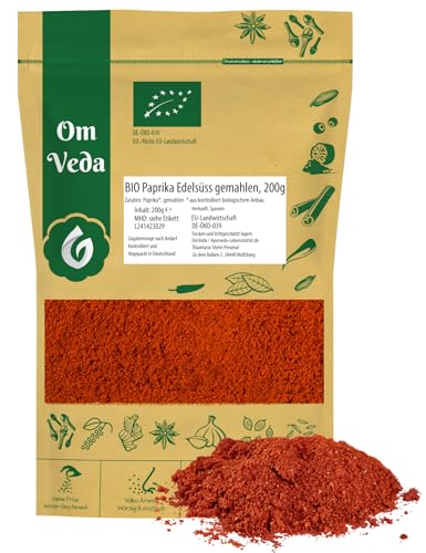 BIO Paprika Edelsüß Gemahlen 200g | Mild und Aromatisch | Premium BIO-Qualität Paprikagewürz | PaprikaPulver Perfekt für Gulasch, Eintöpfe | OmVeda Gewürz von OmVeda