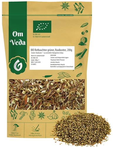 BIO Rooibos Tee Grün 200g | Rotbuschtee Grün in Premium Qualität | mild-süßliches Aroma | ideal für heiße und kalte Getränke | OmVeda (200g) von OmVeda