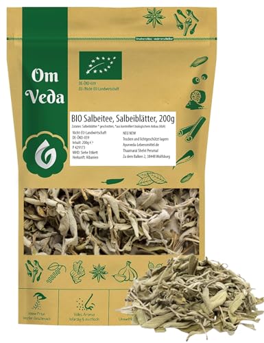 BIO Salbeitee 200g - Salbeiblätter geschnitten und naturbelassen - Ideal für Tee-Zubereitungen - reich an Geschmack und Qualität - Aromatischer Kräutertee - OmVeda von OmVeda