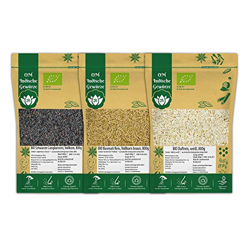 BIO Schwarzer Reis | BIO Basmati Reis Vollkorn Braun | BIO Duftreis Weiß | 3er Set BIO Reissorten Basmati Rice aus Indien Pakistan | Organic BIO Qualität Reis | 3x 800g Reis-Set 2,4 Kg von OmVeda