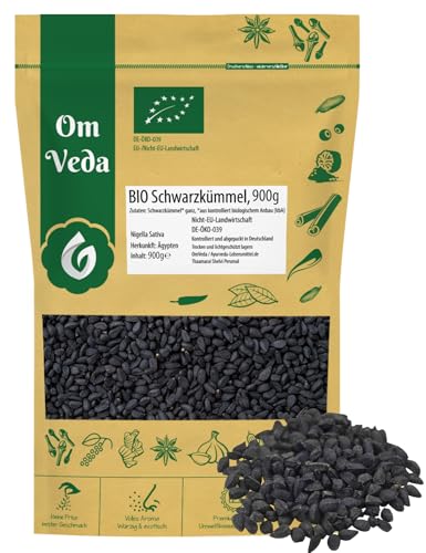 BIO Schwarzkümmel 900g Nigella Sativa Echter Schwarzkümmelsamen Schwarzkümmelkörner ganz aus Ägypten | Organic Bio-zertifiziert DE-ÖKO-039 | Black Cumin | OmVeda | Für Küche, Tee und Öl von OmVeda