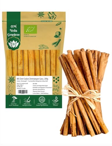 BIO Zimt Ceylon Zimtstangen Ganz, Echter Zimt aus Sri Lanka, Bio-zertifiziert, für Küche und Tee (200g) von OmVeda