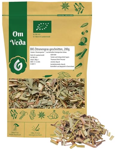 BIO Zitronengras | Zitronengrasblätter getrocknet und geschnitten | Perfekt geeignet für die Zubereitung von Tee | Lemon Grass Tea | OmVeda (200g) von OmVeda