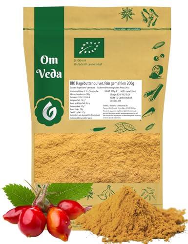 Hagebuttenpulver BIO 200g | ganze Hagebutte fein gemahlen | Intensiv fruchtig-säuerliches Aroma | Bio-Qualität Organic Rosehip Powder Küche Tee Naturprodukt von OmVeda