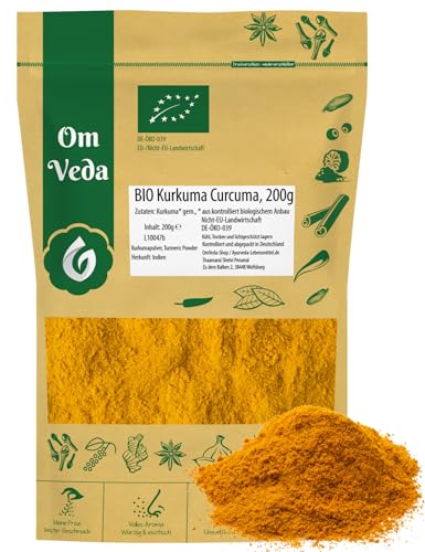 Kurkuma Pulver BIO 200g | Curcuma Kurkumawurzel gemahlen | Gewürzpulver Gelbwurz Turmeric Powder | Herkunft Indien | Organic Bio-zertifiziert DE-ÖKO-039 (200g) von OmVeda