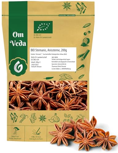 Sternanis BIO Echter Sternanis 200g | ganz mit Bruch | Anissterne | Premium BIO-Qualität zum Kochen Dekorieren | Organic Star Anise | OmVeda (200g) von OmVeda