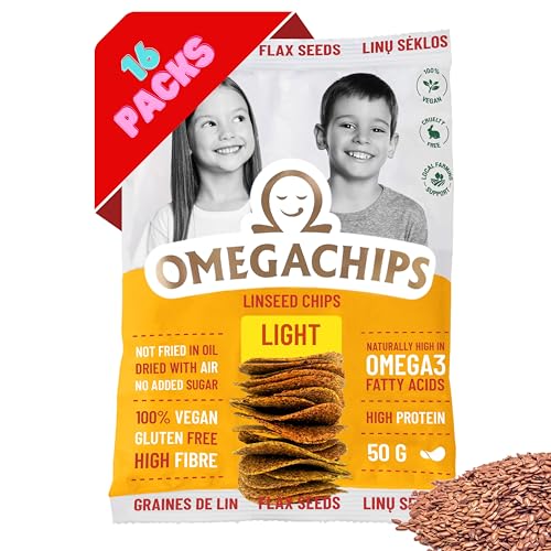 OmegaChips Leinsamen Chips – Proteinreiche Keto-Chips mit Omega-3, Ballaststoffen und Geschmack – Glutenfrei, Vegan, Low-Carb, ohne Zuckerzusatz, luftgetrocknet – Gesunder Snack – 16x50g von OmegaChips