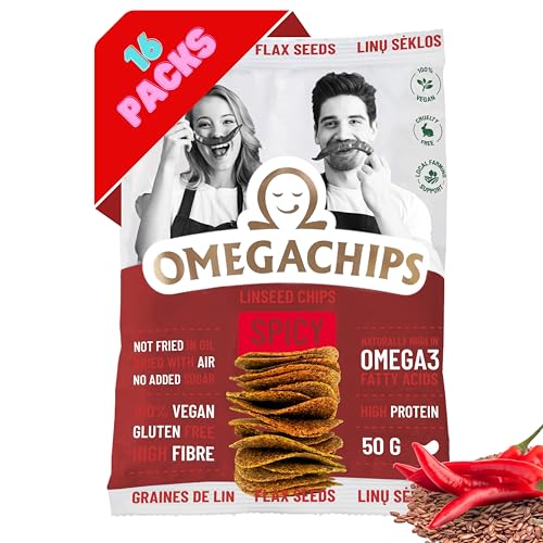 OmegaChips Leinsamen Chips – Proteinreiche Chips mit Omega-3, Ballaststoffen und Geschmack – Glutenfrei, Vegan, Low-Carb, ohne Zuckerzusatz, luftgetrocknet – Gesunder Snack – 16x50g von OmegaChips